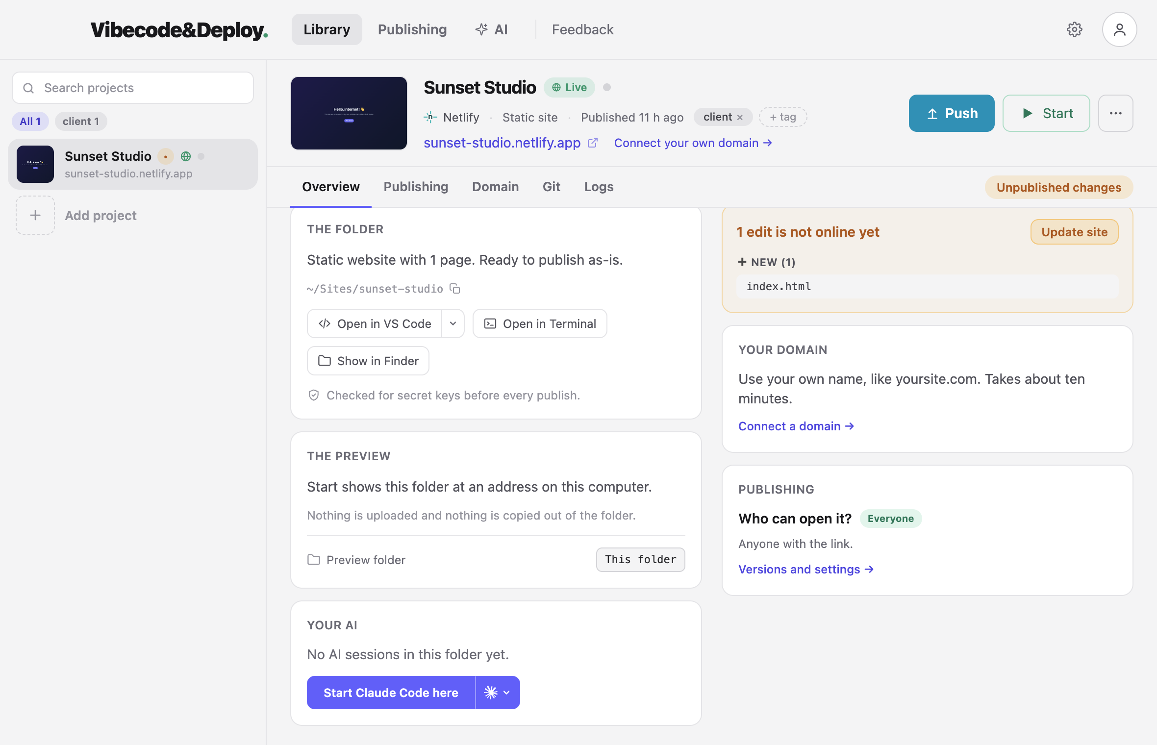 A project in the app, with the button that starts a coding tool in its folder