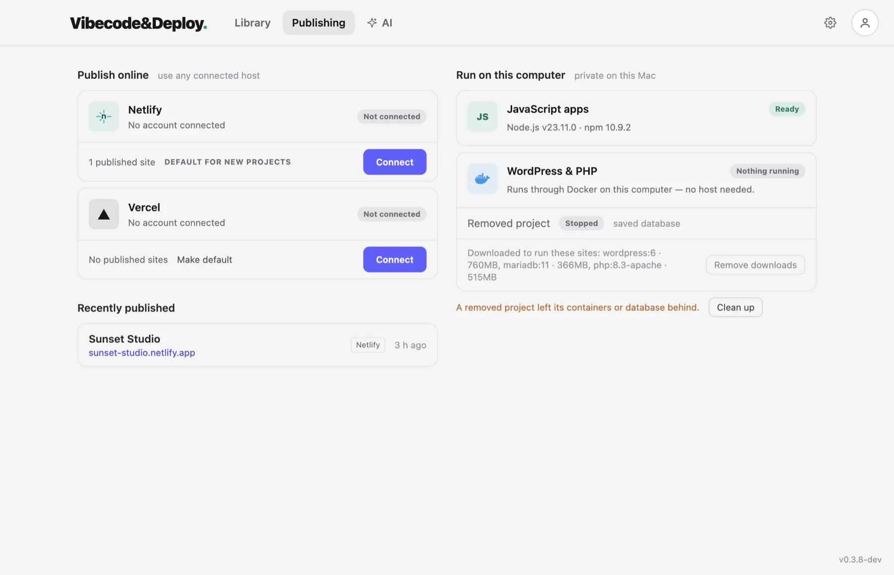 Netlify and Vercel hosting accounts connected to the app
