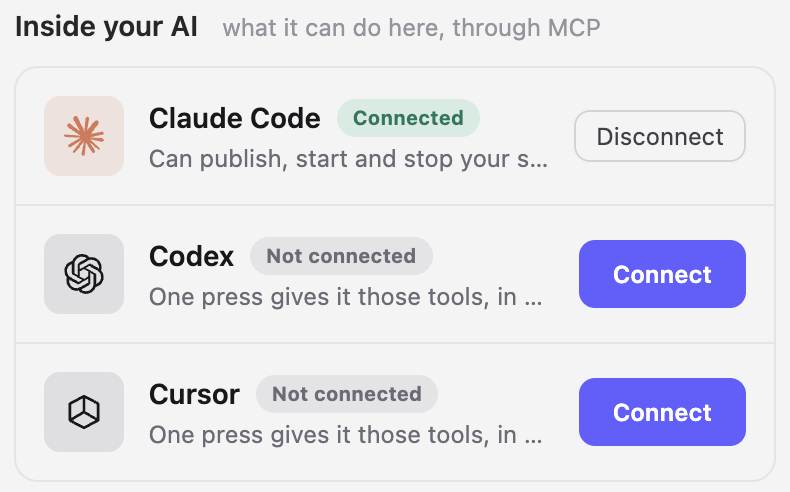 The AI page: Claude Code, Codex and Cursor, each with a Connect button
