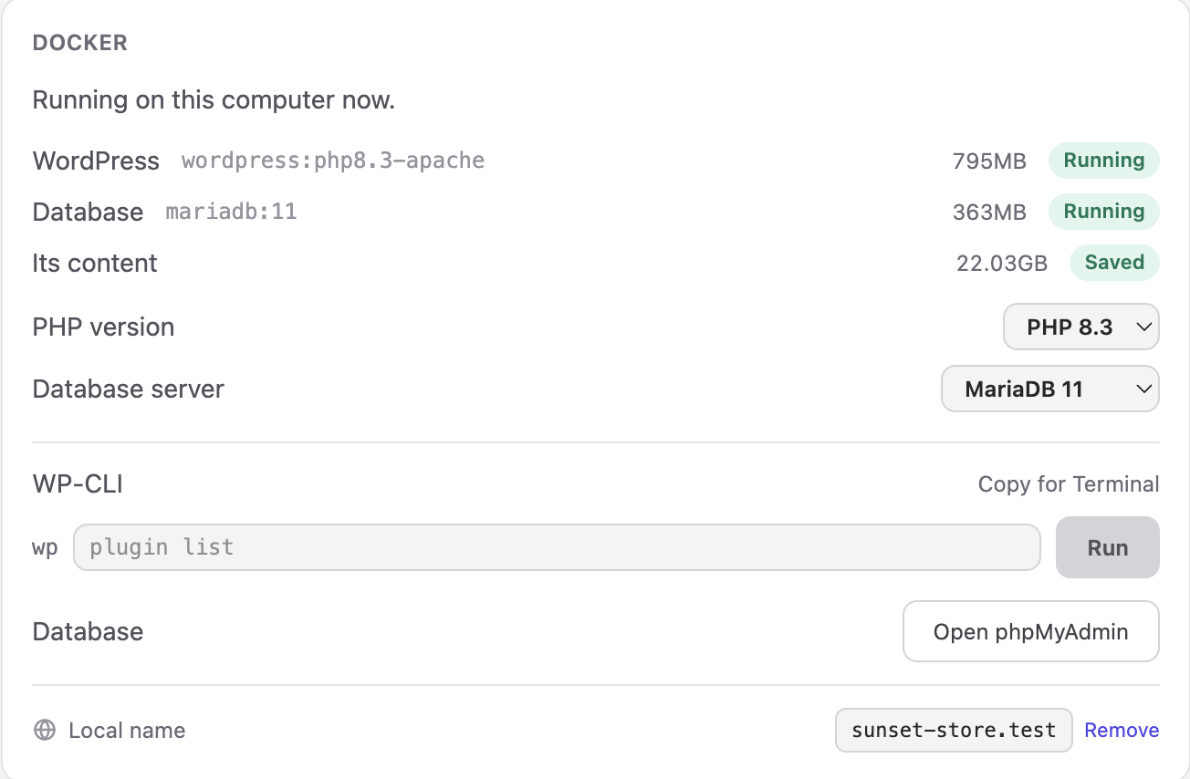 The project page of a WordPress site running on this computer: PHP version, database server and the two tools beside them